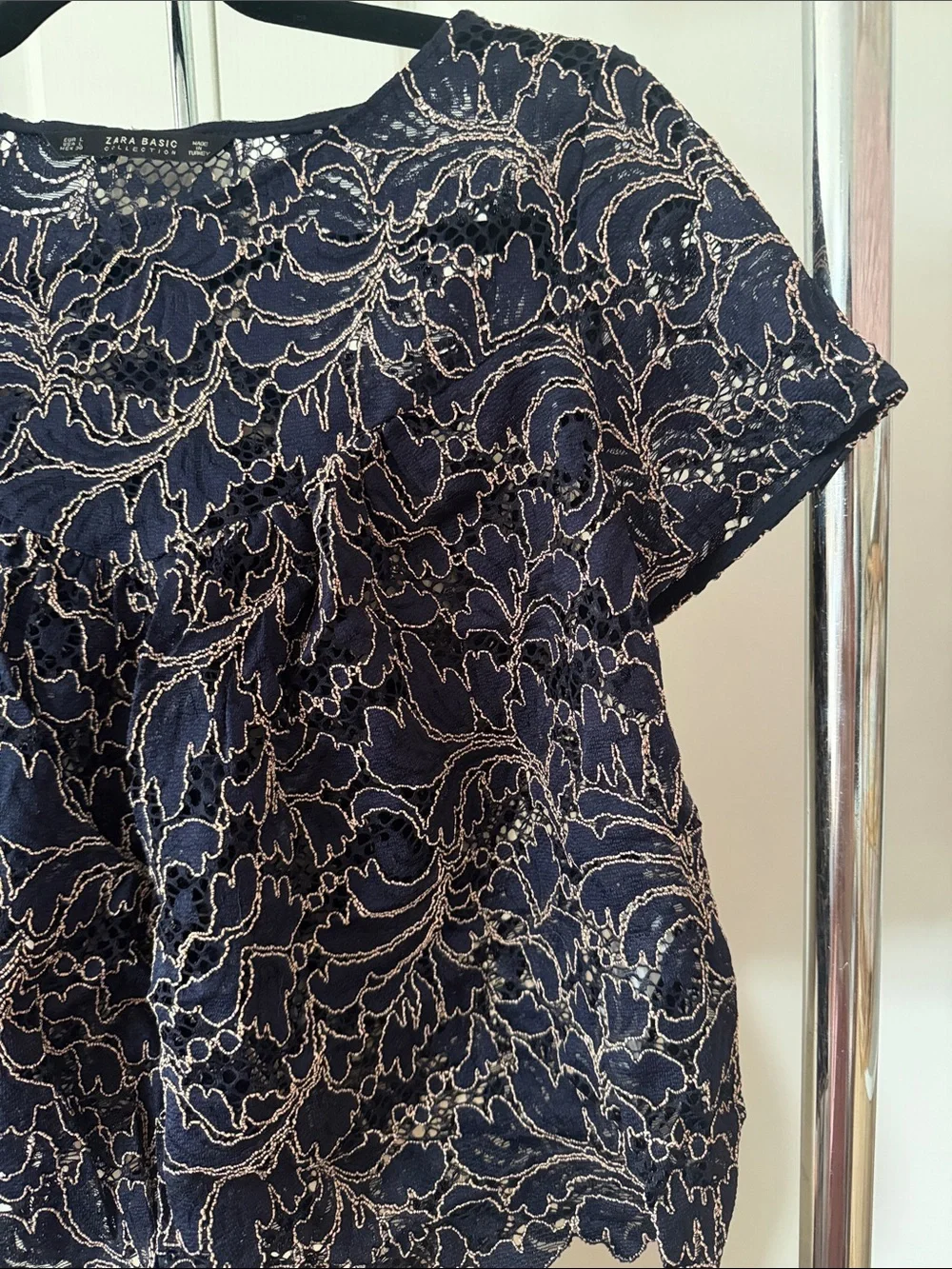 Zara Navy Lace Cropped Short Sleeve Blouse Size L - Picture 5 of 12